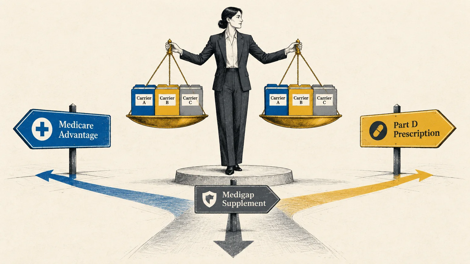 Woman holds balance scales with carrier folders above road signs for Medicare Advantage, Medigap, and Part D.