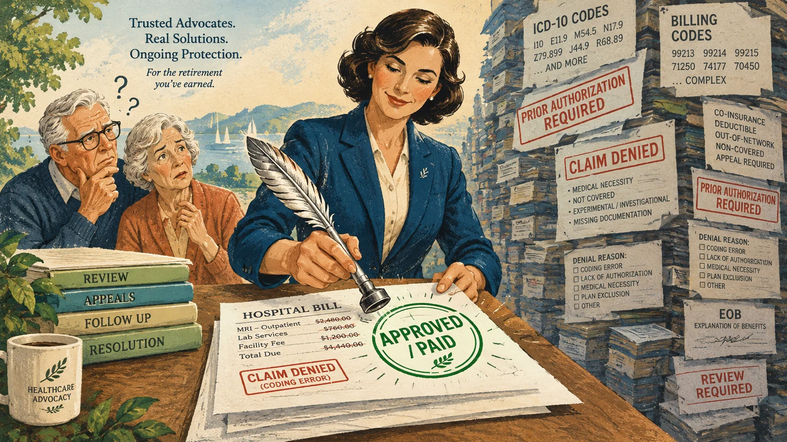 Illustration of an advocate stamping approved on a hospital bill for an elderly couple facing stacks of claim denials.