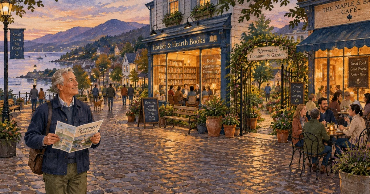 Illustration of a man holding a town guide on a cobblestone street lined with a bookstore, cafe, and community garden.