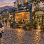 Illustration of a man holding a town guide on a cobblestone street lined with a bookstore, cafe, and community garden.