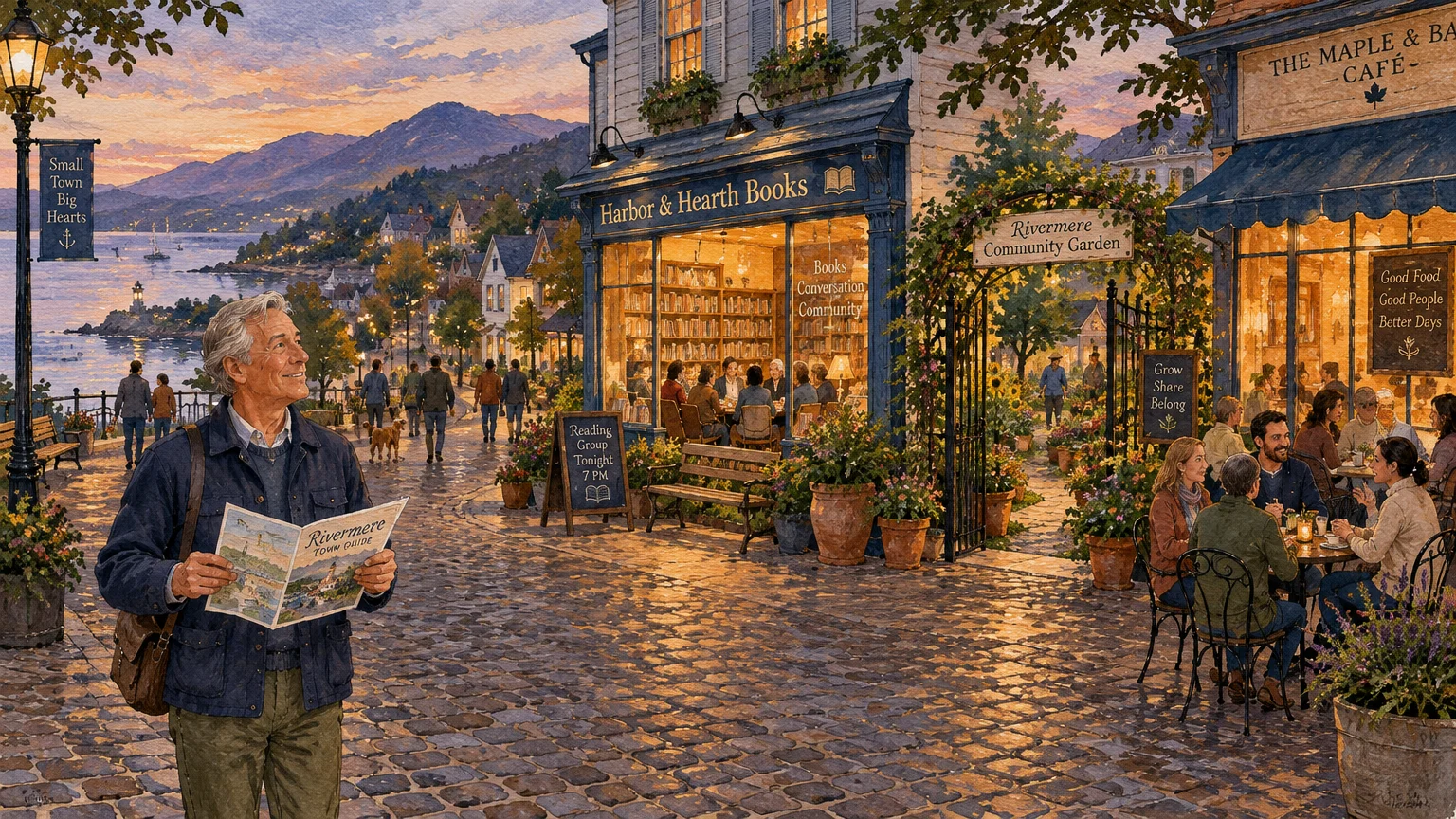 Illustration of a man holding a town guide on a cobblestone street lined with a bookstore, cafe, and community garden.
