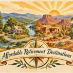 Illustration of varied houses across scenic landscapes with state highway signs and an Affordable Retirement banner.