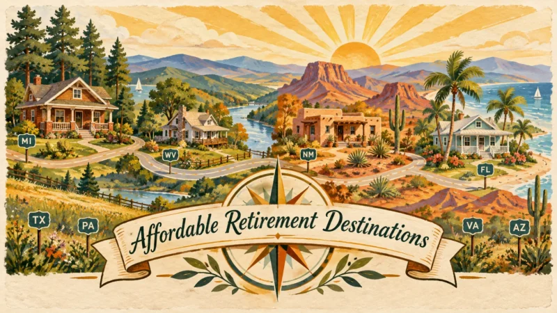 Illustration of varied houses across scenic landscapes with state highway signs and an Affordable Retirement banner.