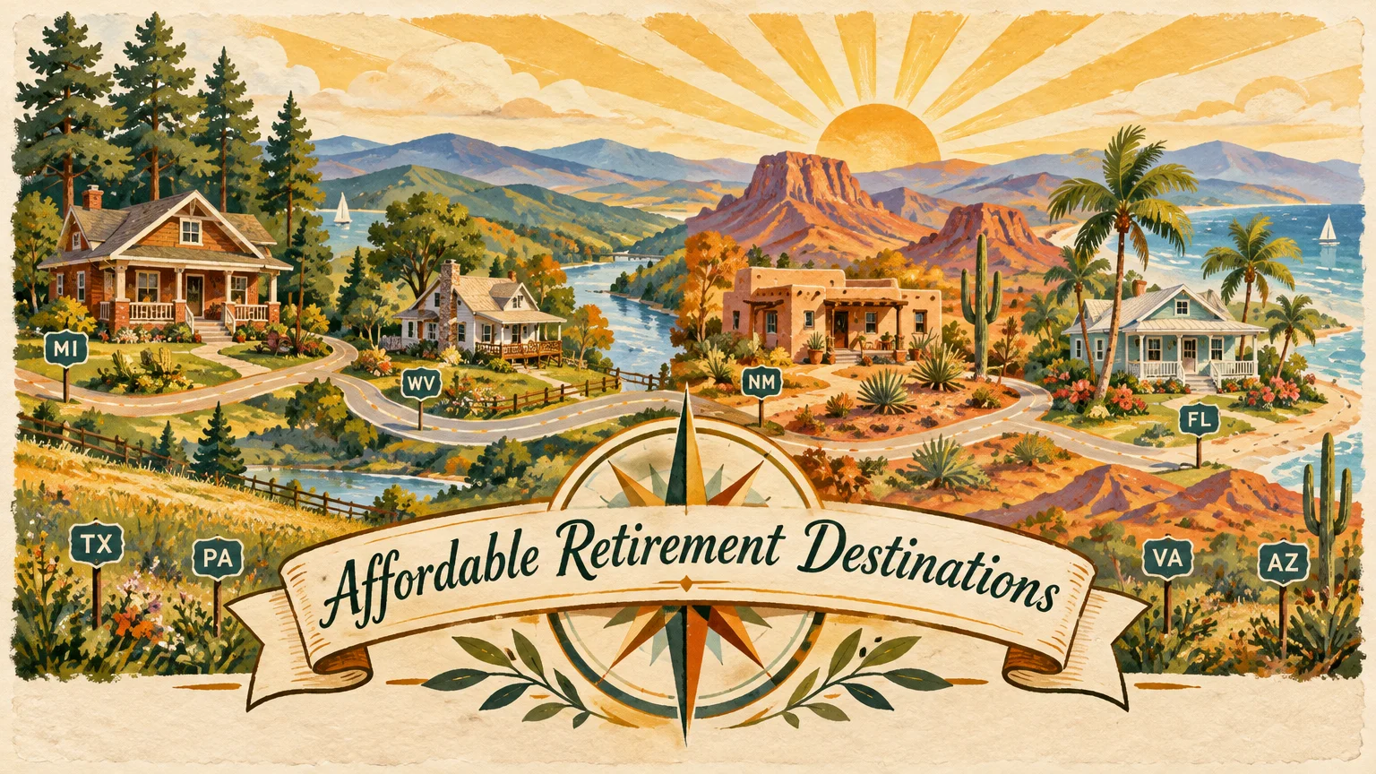 Illustration of varied houses across scenic landscapes with state highway signs and an Affordable Retirement banner.