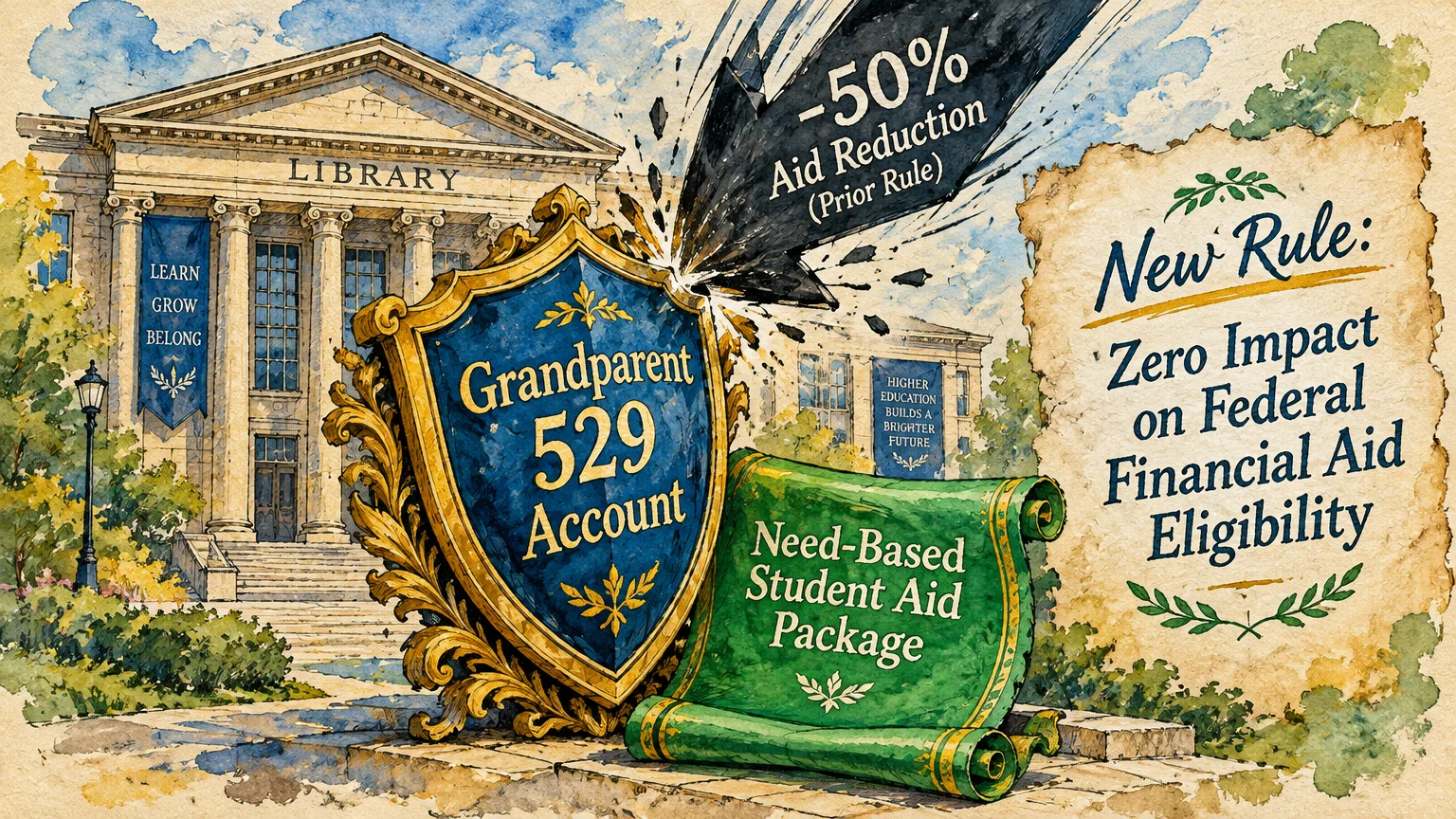 Watercolor illustration of a shield labeled Grandparent 529 Account blocking a downward arrow outside a university library.