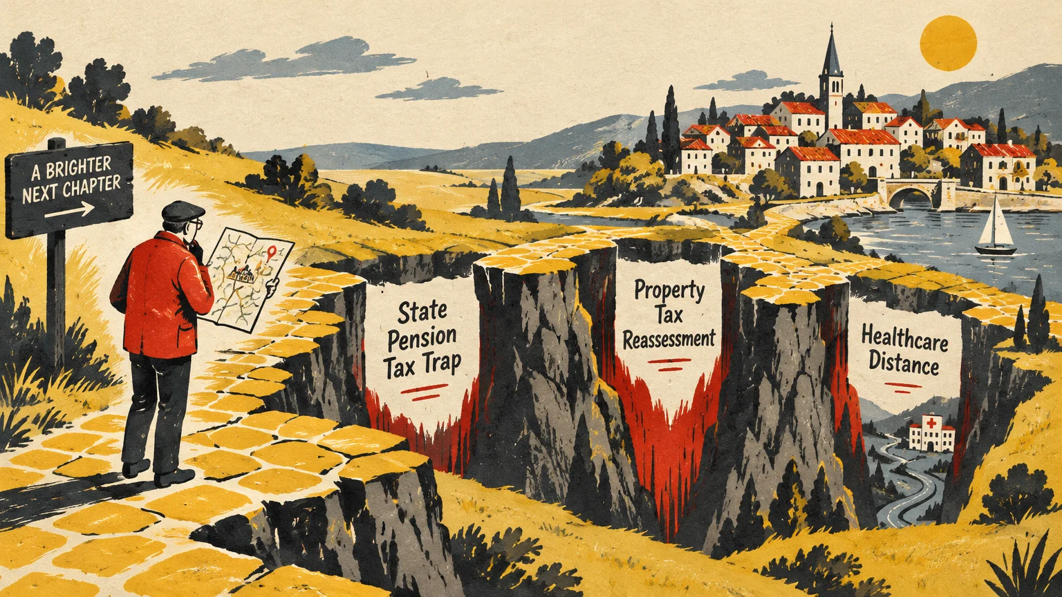 Illustration of a man with a map facing chasms labeled with retirement pitfalls on a path toward a scenic town.