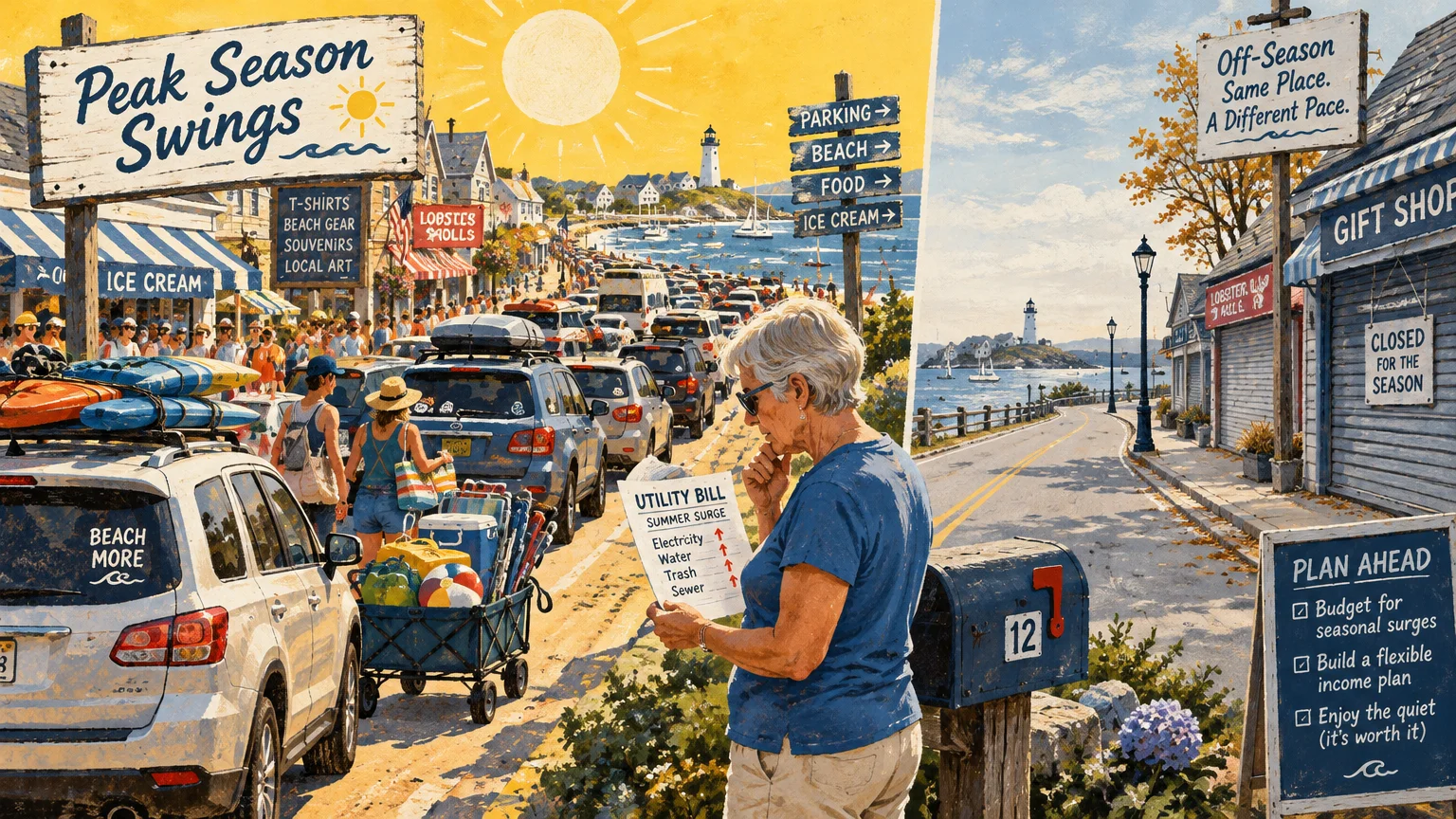 Split illustration comparing a crowded coastal road in peak summer with an empty street and closed shops in the off-season.