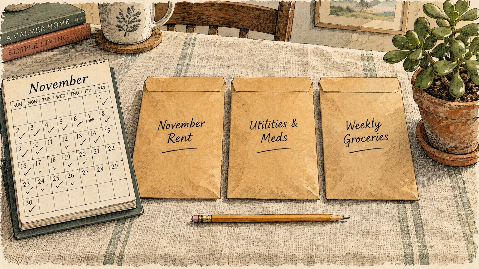 A November calendar, three labeled budgeting envelopes, a pencil, and a potted plant sitting on a table.
