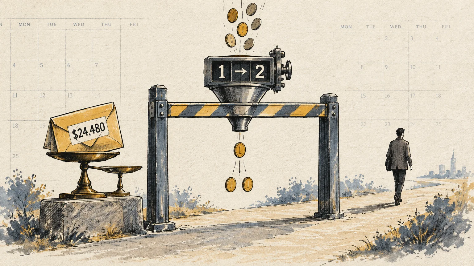 A coin-sorting funnel marked 1 to 2 over a path beside an envelope marked $24,480 and a walking businessman.