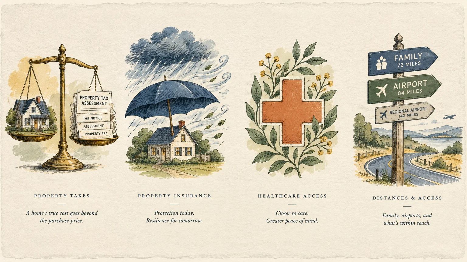 Four vintage illustrations showing property taxes, storm insurance, a medical cross, and directional road signs.