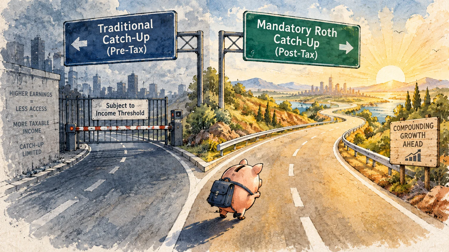 Illustration of a piggy bank facing a highway fork between a blocked pre-tax road and an open post-tax Roth road.