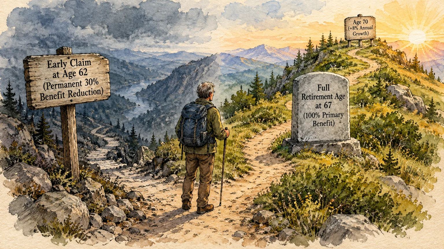 Watercolor illustration of a hiker standing at a fork in a mountain trail with signs displaying retirement claiming ages.