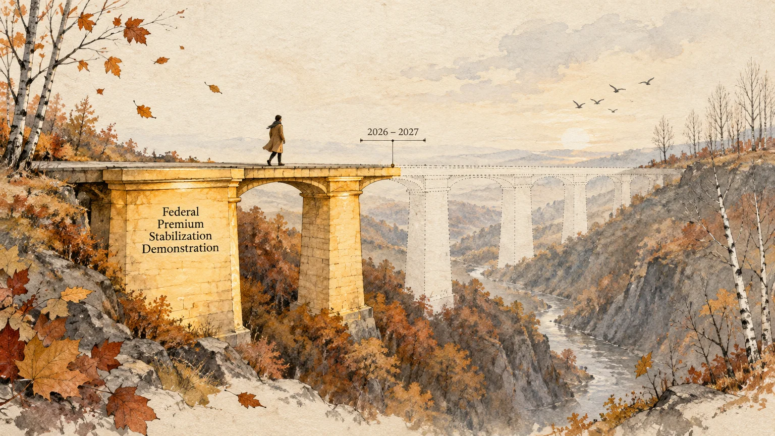 A person walks along a stone bridge that abruptly transitions into a dotted outline over an autumn river gorge.