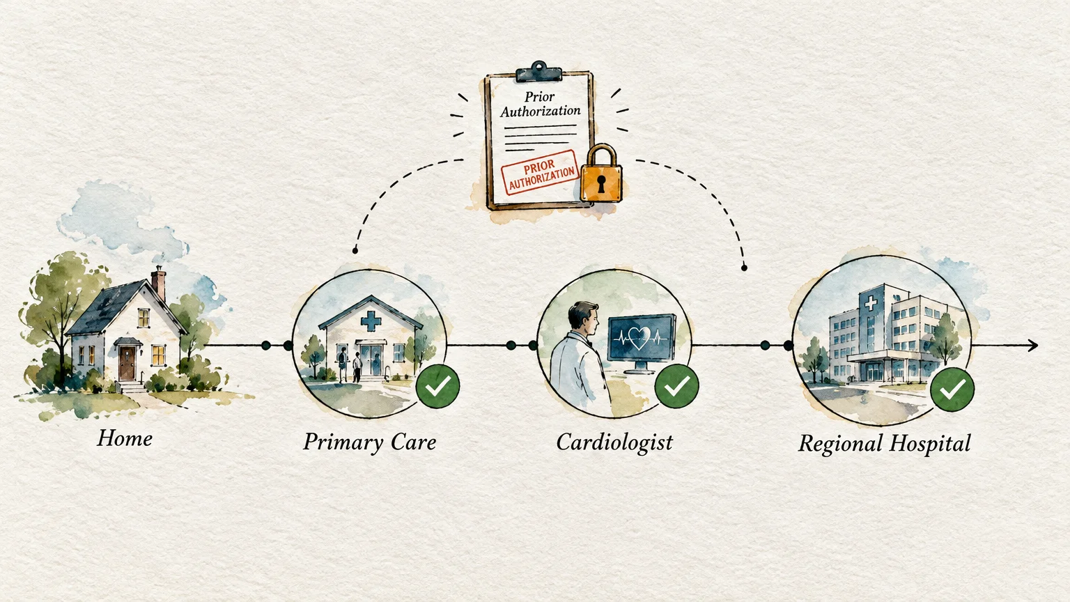 Watercolor timeline diagram from home to primary care, cardiologist, and hospital, with a locked prior authorization clipboard.