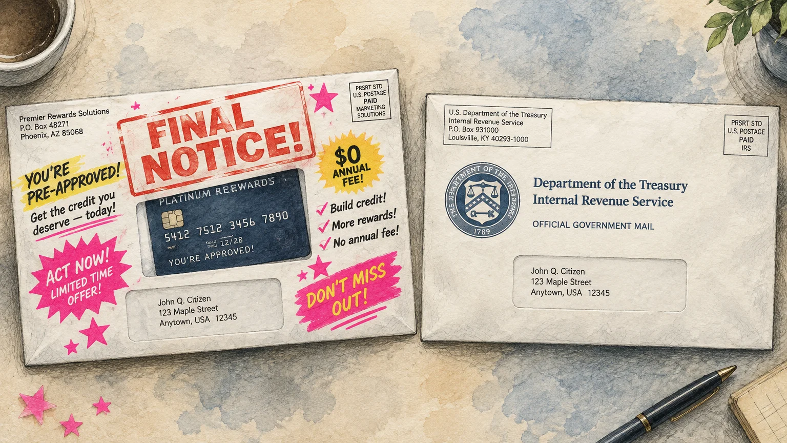 Flashy promotional envelope stamped Final Notice beside a plain Department of the Treasury mail envelope on a desk.