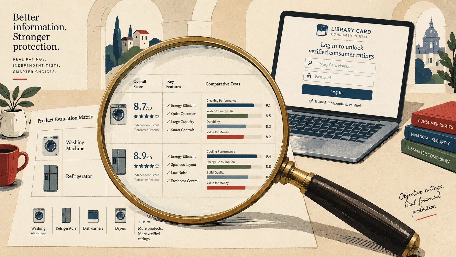 Magnifying glass over appliance ratings beside a laptop showing a library card login portal.