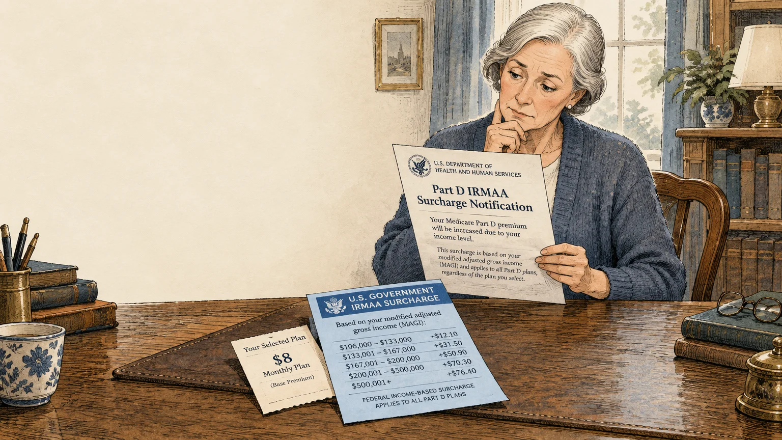 Illustration of an older woman at a wooden desk reading a Part D IRMAA surcharge notification next to premium documents.