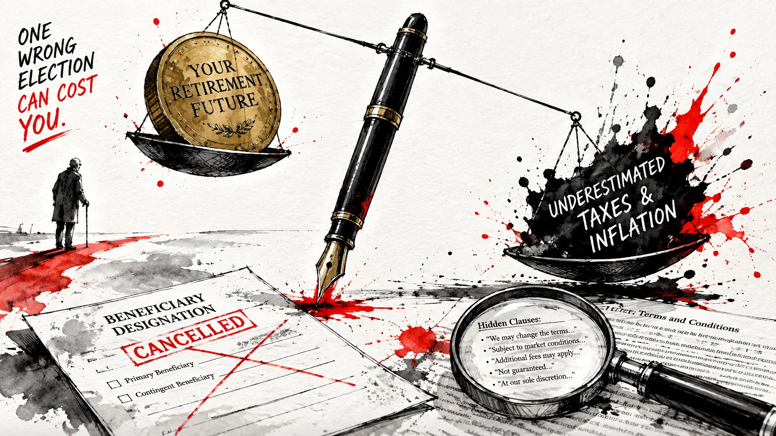 Ink illustration of a scale weighing a gold coin and ink splatters over a cancelled beneficiary form and fountain pen.
