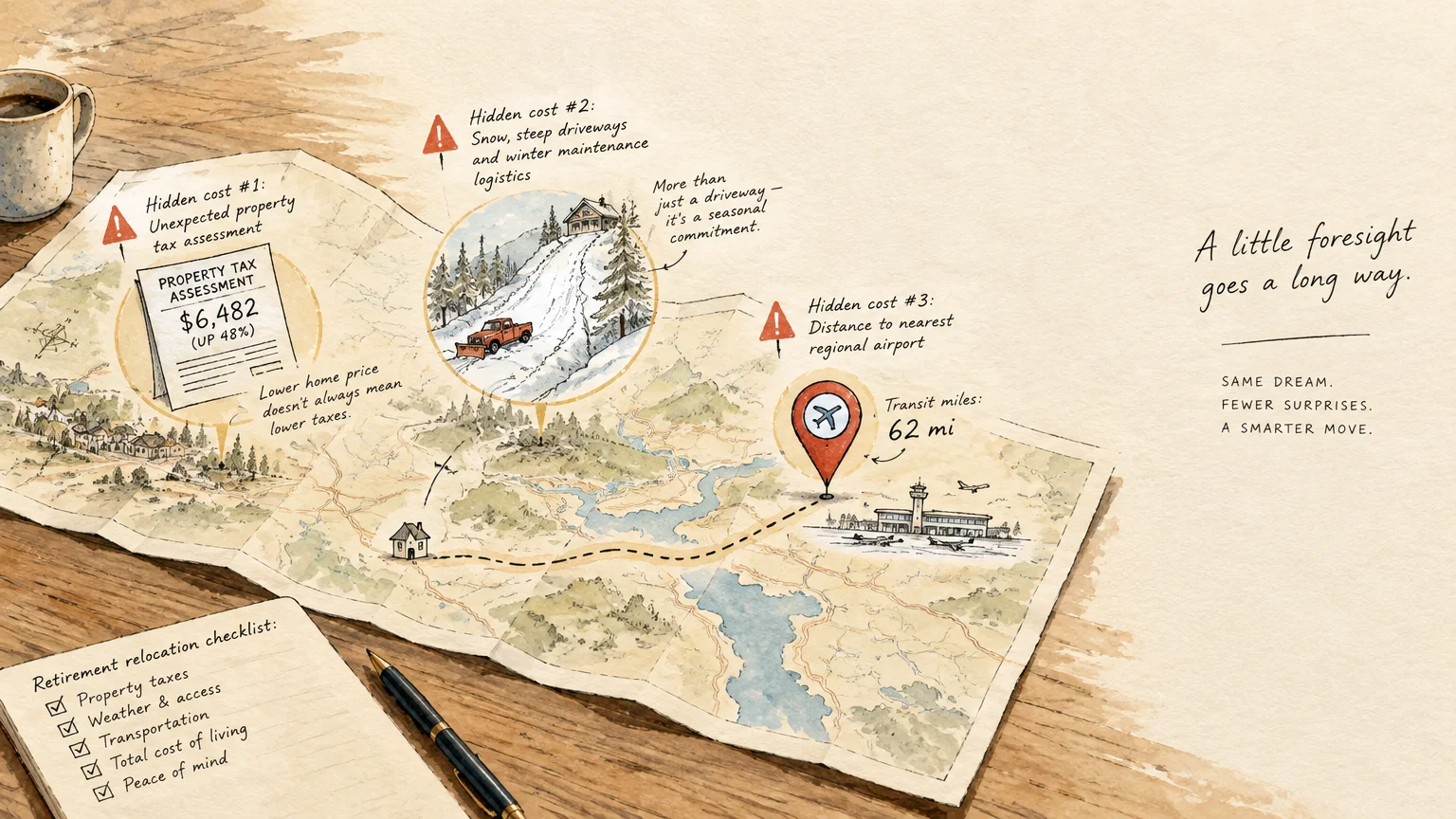 Illustrated map highlighting hidden relocation costs including property taxes, snow maintenance, and airport distance.