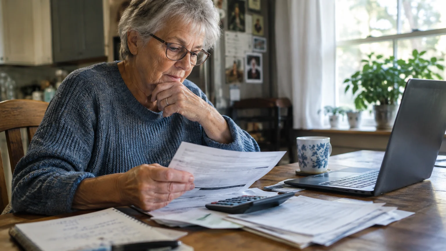 Senior woman reviewing paperwork and bills at a wooden table with a calculator and laptop.