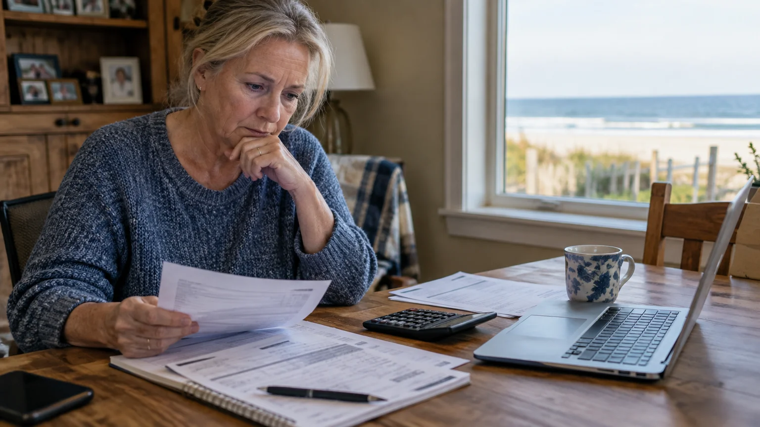 A woman reviews paperwork at a table with a laptop, calculator, and an ocean view through the window.