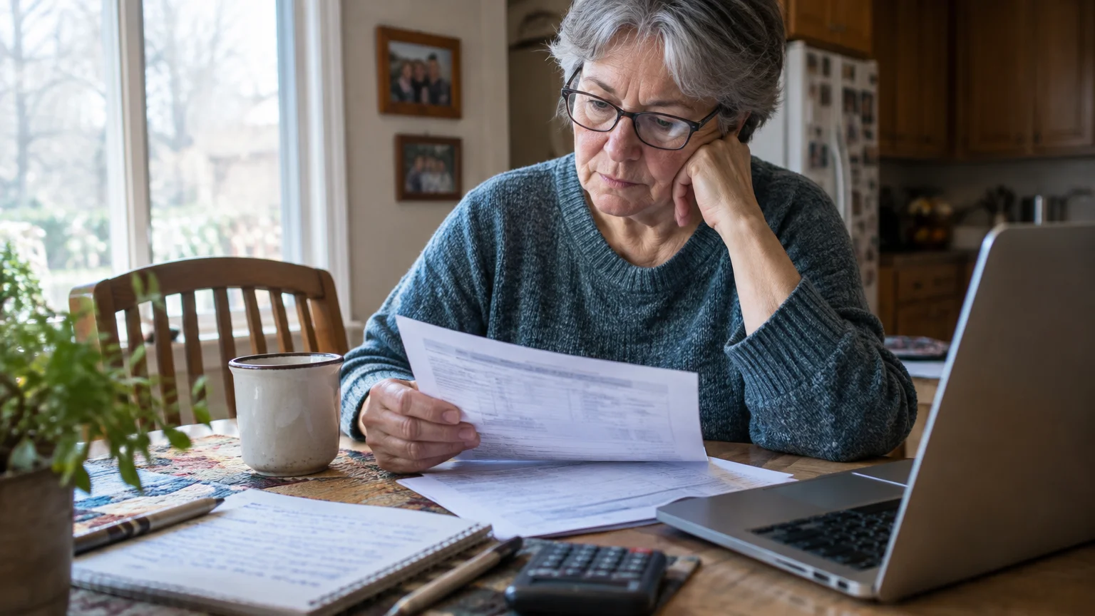 Senior woman with glasses reading paperwork at a table with a laptop, calculator, and coffee mug.