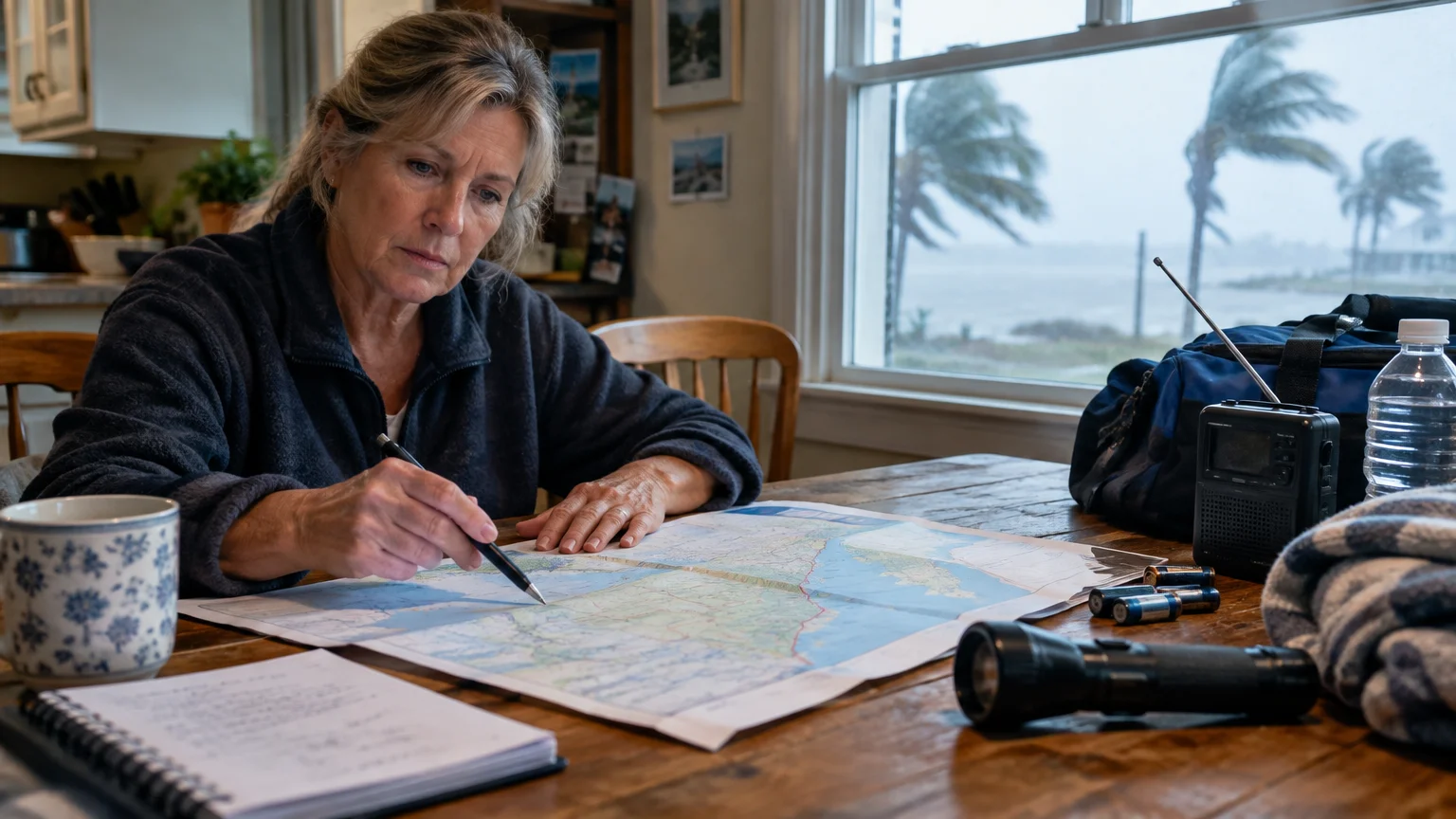 A woman studies a paper map at a table near a flashlight, radio, and emergency supplies as a coastal storm blows outside.