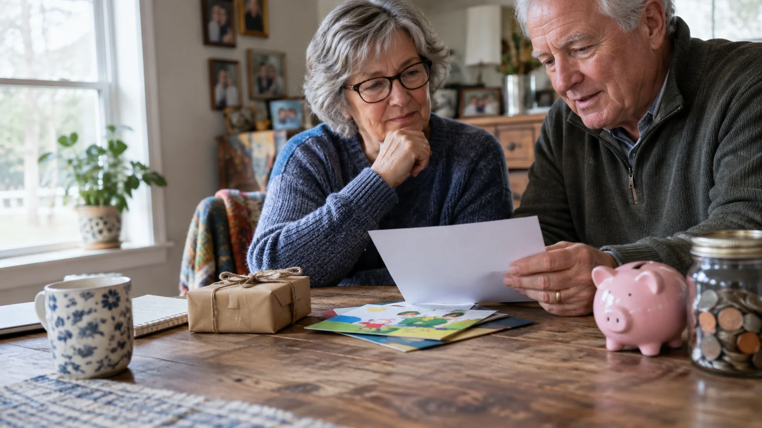 Older couple sitting at a wooden table reviewing paperwork beside a piggy bank, coin jar, and wrapped gift.