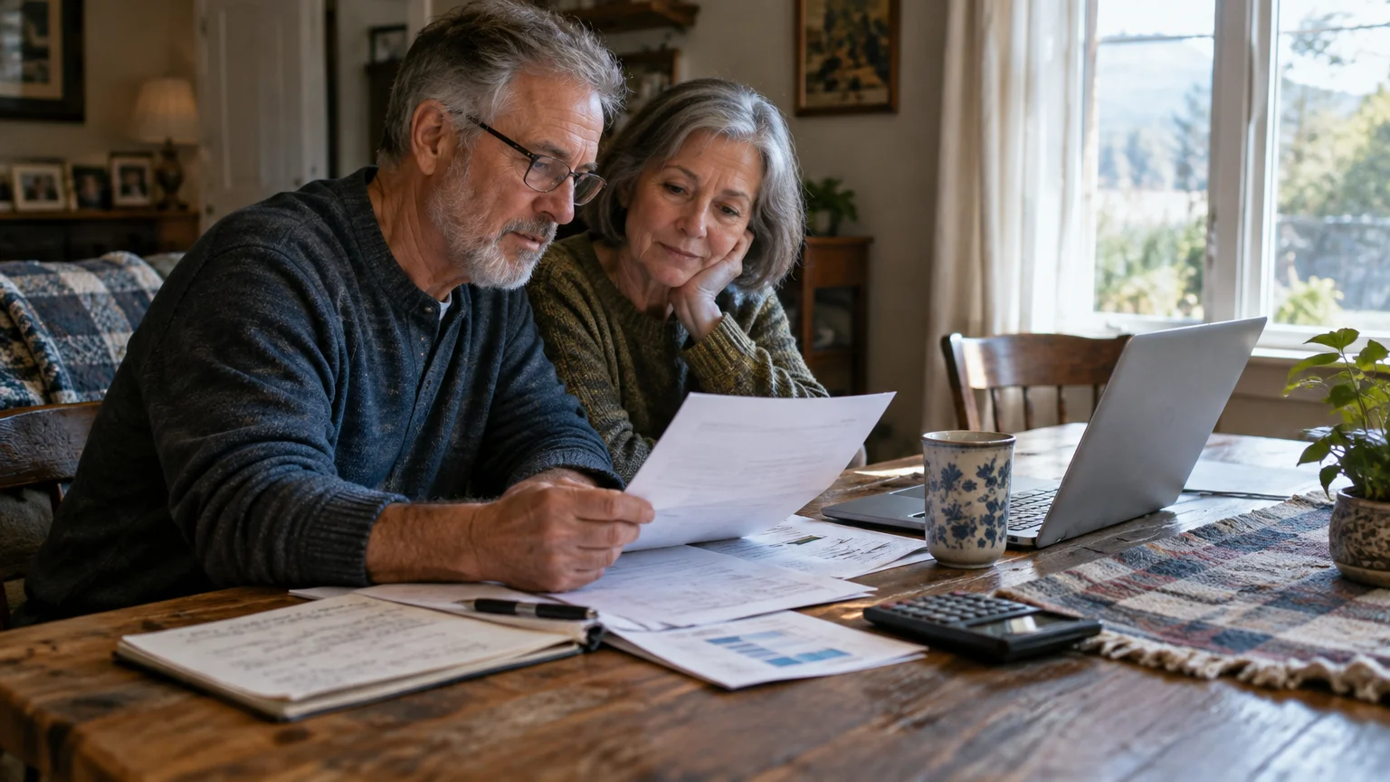 Older couple reviewing printed papers and looking at a laptop together at a rustic wooden dining table.