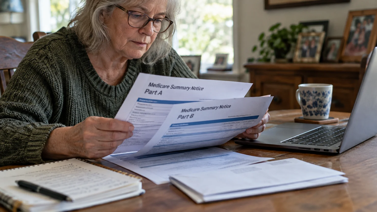 A woman reviews printed Medicare Summary Notices for Part A and Part B at a wooden table beside a laptop.