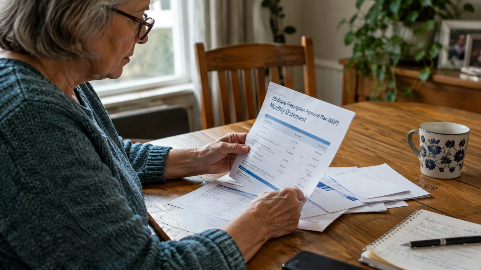 A woman reviews a Medicare Prescription Payment Plan monthly statement at a wooden dining table with a mug and notebook.
