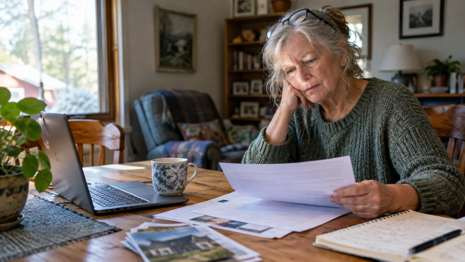 A senior woman sits at a wooden table reviewing printed financial documents alongside an open laptop and notebook.