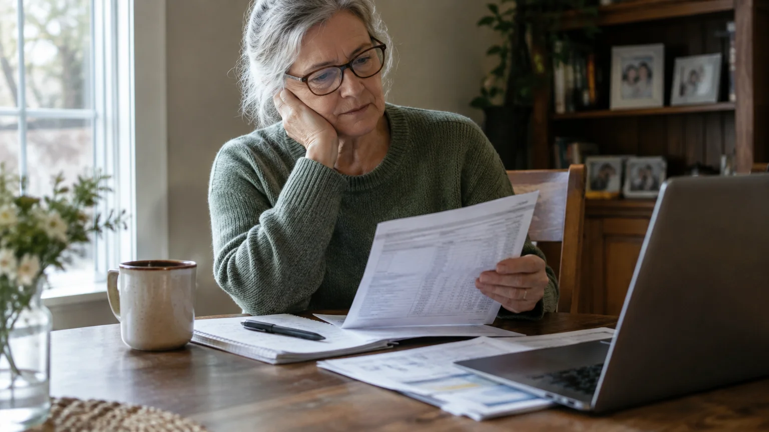 Senior woman with glasses resting her chin on her hand while reviewing papers at a table with a laptop.