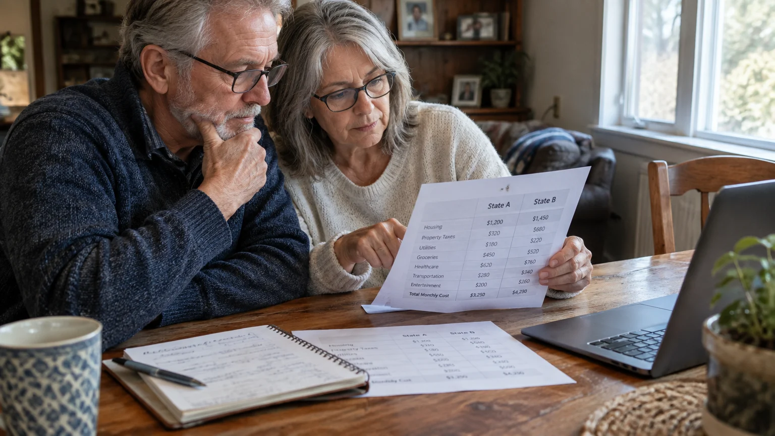 Senior couple reviewing a printed paper comparing monthly costs for State A and State B at a dining table.