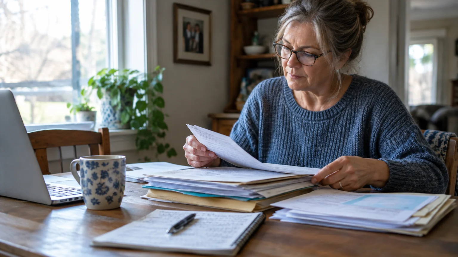 A woman wearing glasses sits at a wooden table reviewing papers beside a laptop, mug, and open notebook.