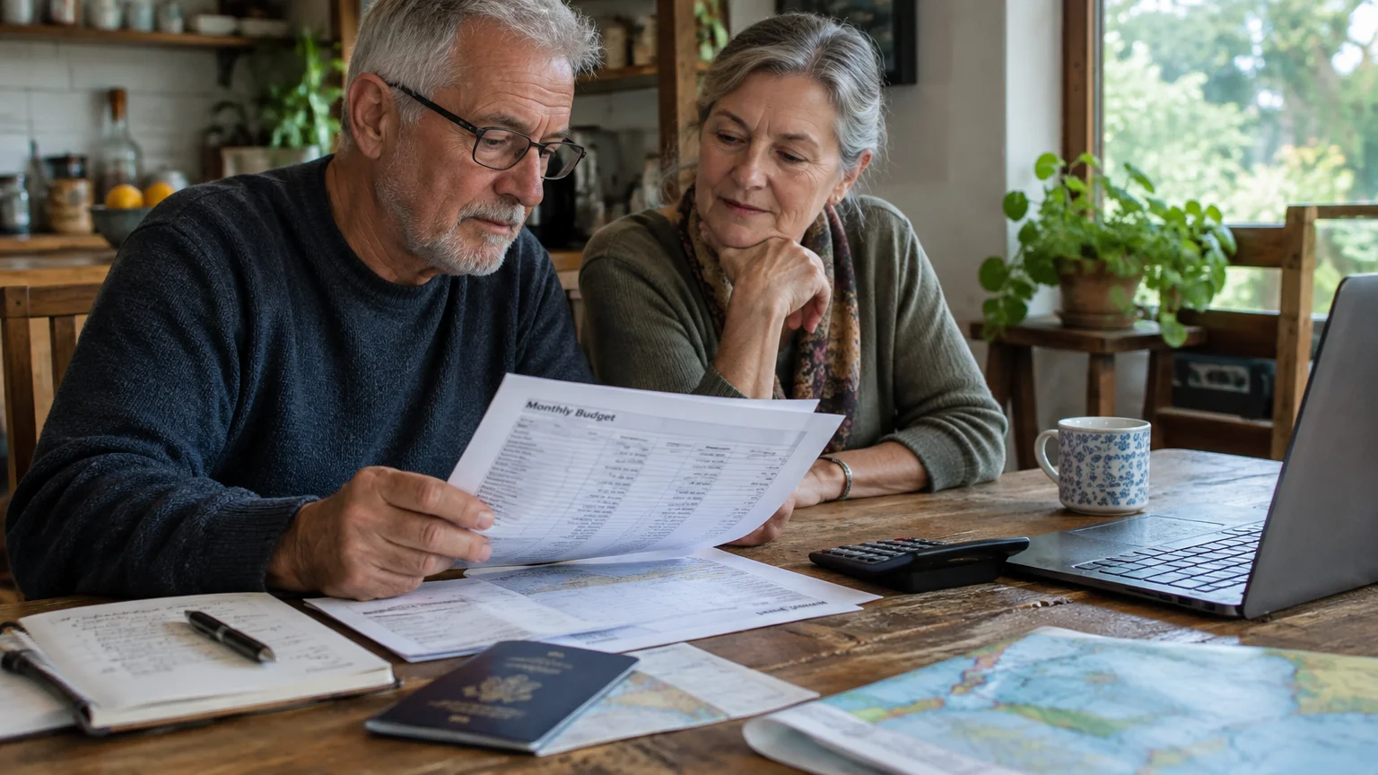 An older couple sitting at a wooden table reviewing budget papers, a passport, and a laptop.