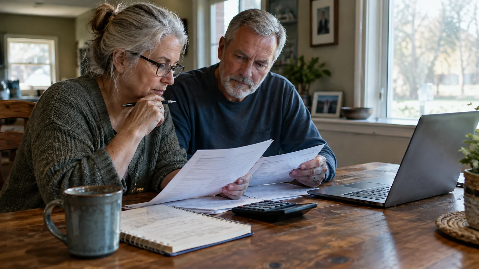 An older couple sitting at a wooden table reviewing paperwork, a calculator, and an open laptop together.