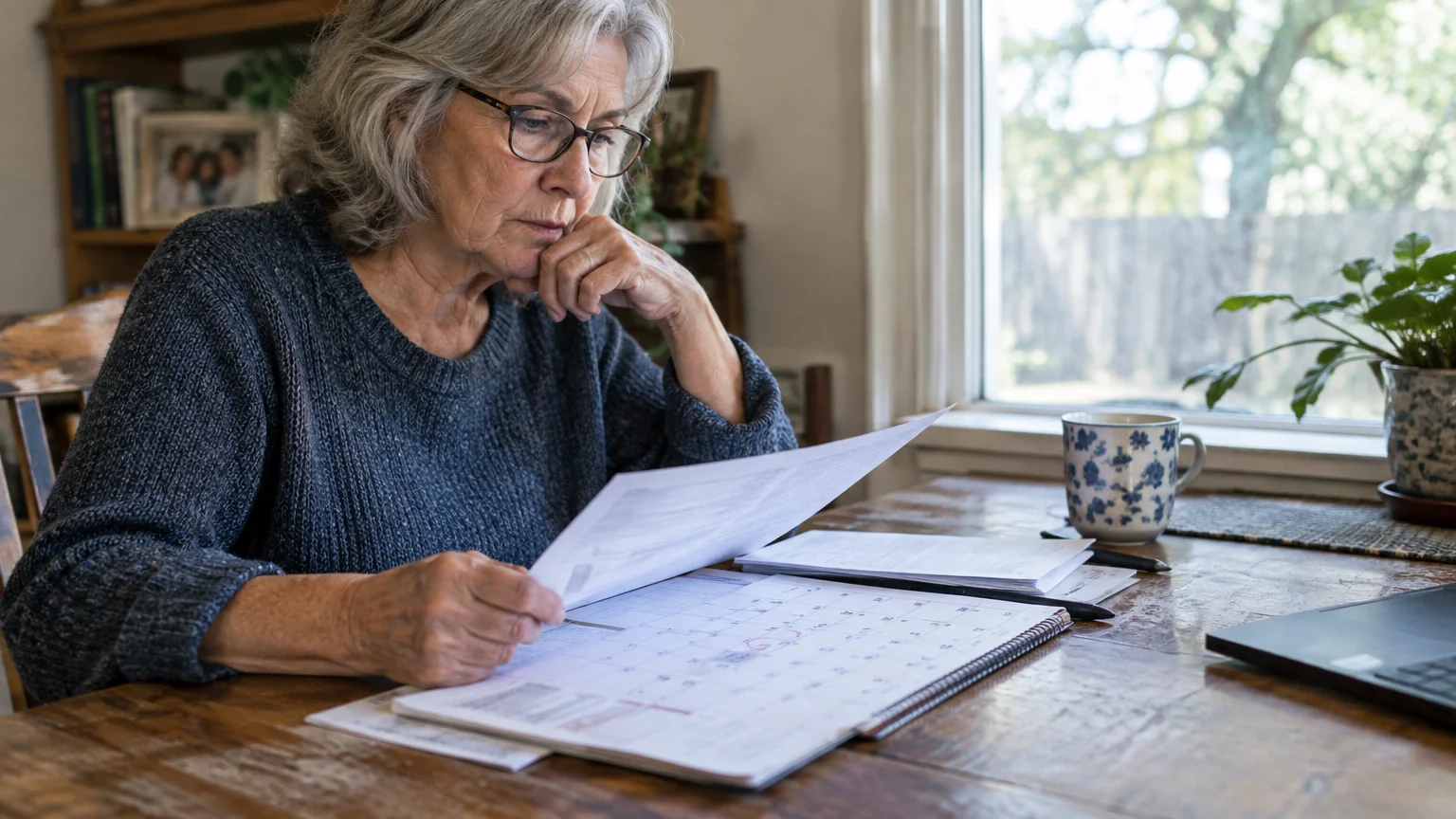 A senior woman with glasses sits at a wooden table reviewing paperwork and an open calendar near a window.