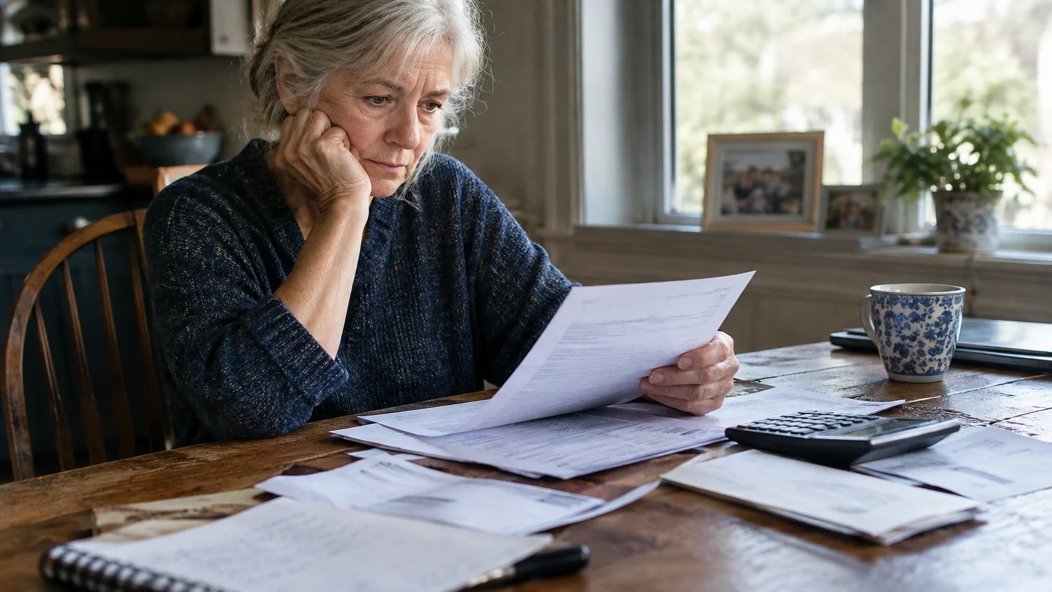 An older woman sits at a wooden table looking anxiously at paperwork beside a calculator and open bills.