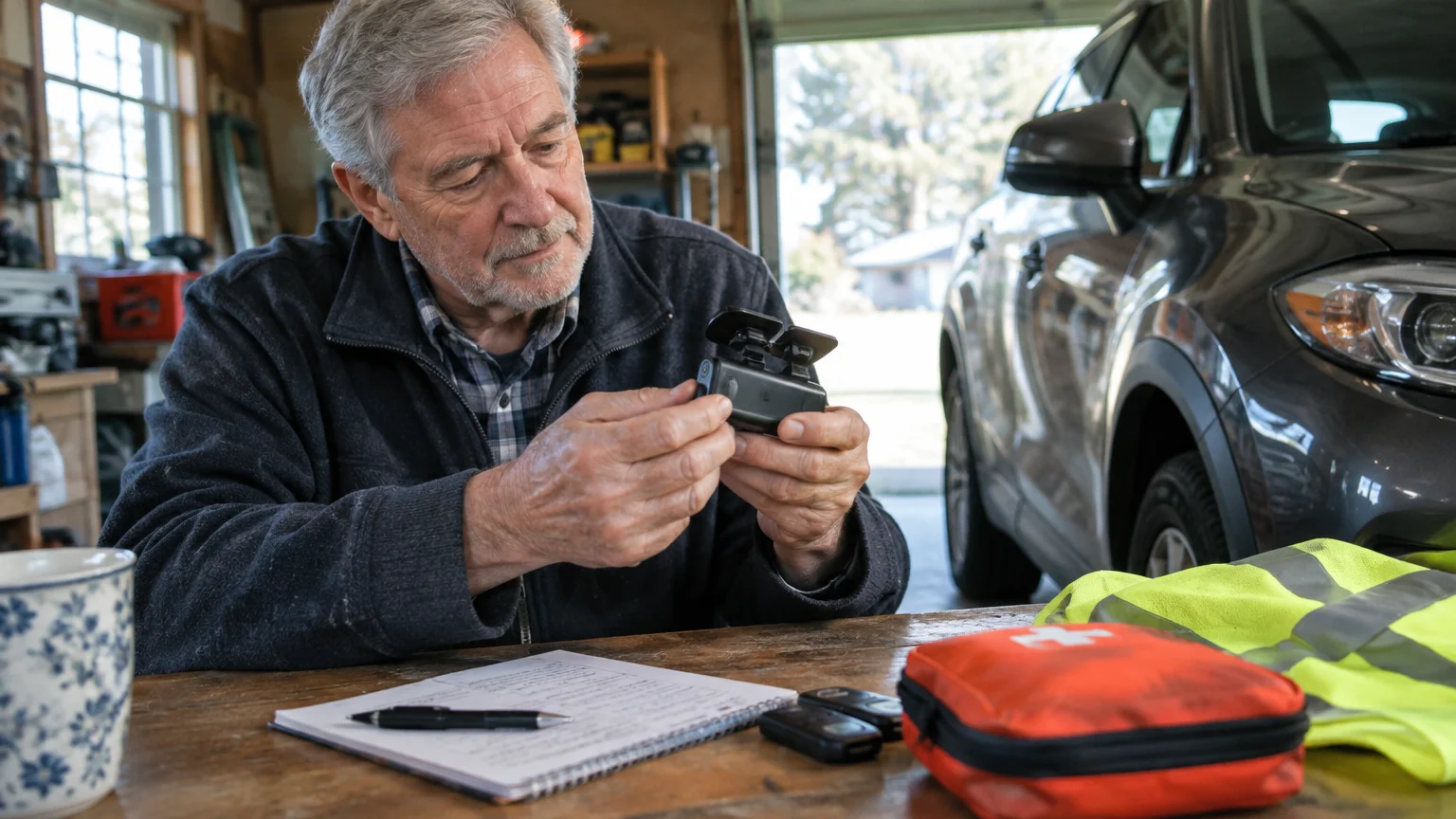 A senior man inspects a small electronic device at a garage workbench beside a notebook, first aid kit, and car.