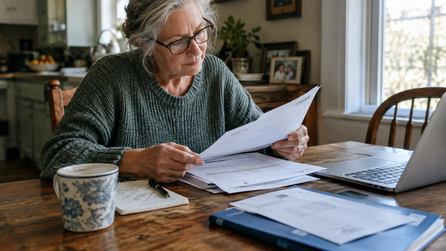 A senior woman wearing glasses sits at a wooden table reviewing printed documents beside a laptop and a mug.