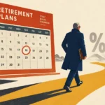 Illustration of a man walking past a large calendar labeled retirement plans toward floating percent signs.
