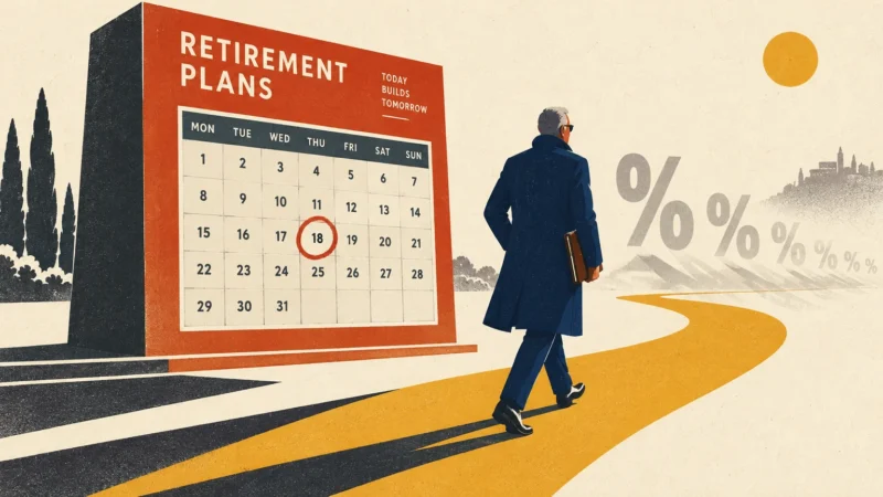 Illustration of a man walking past a large calendar labeled retirement plans toward floating percent signs.