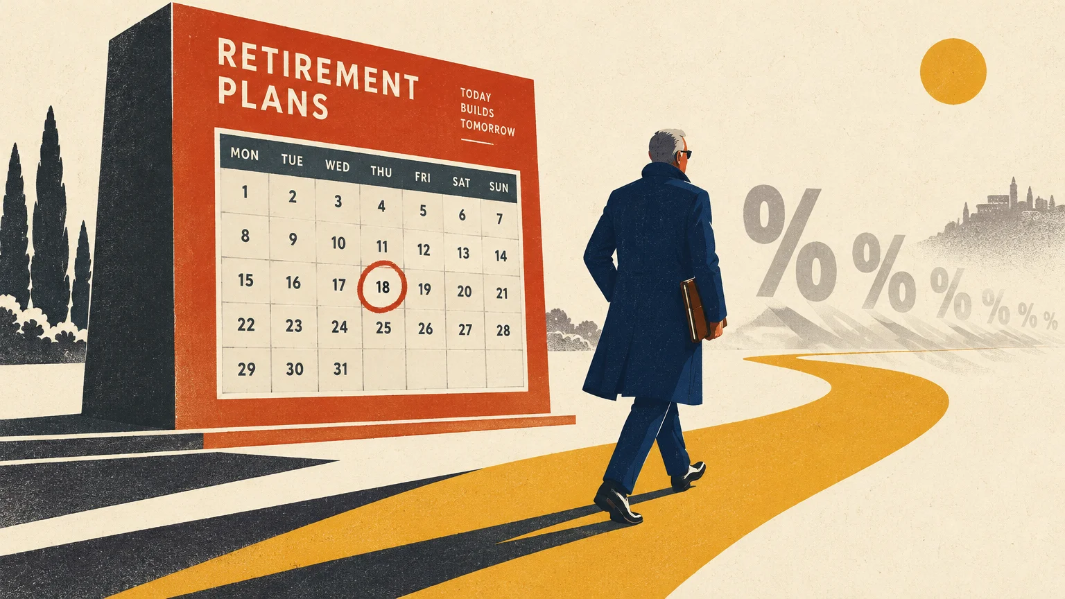 Illustration of a man walking past a large calendar labeled retirement plans toward floating percent signs.