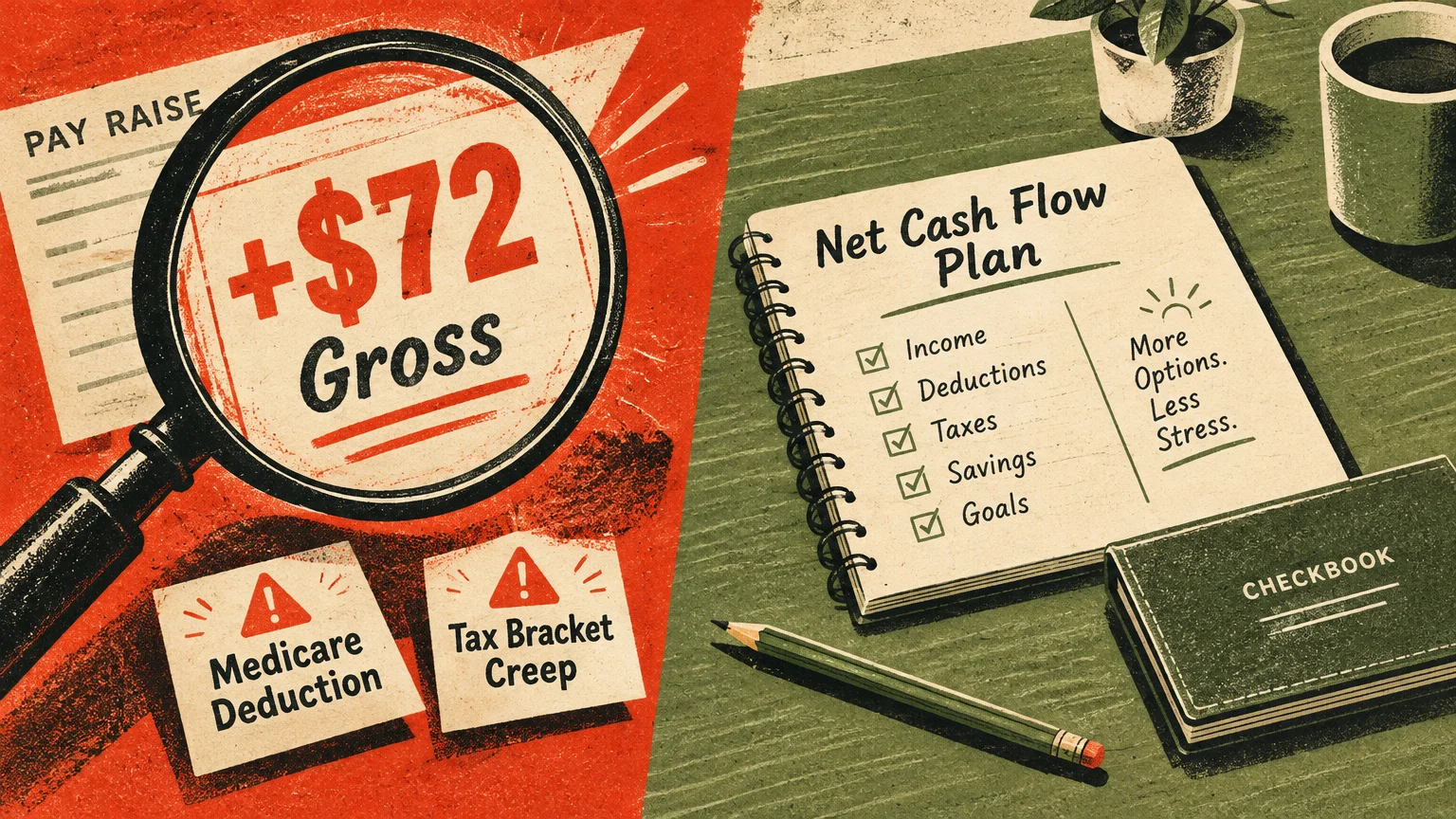 Magnifying glass over a gross pay raise sheet beside warning notes, a net cash flow notebook, pencil, and checkbook.