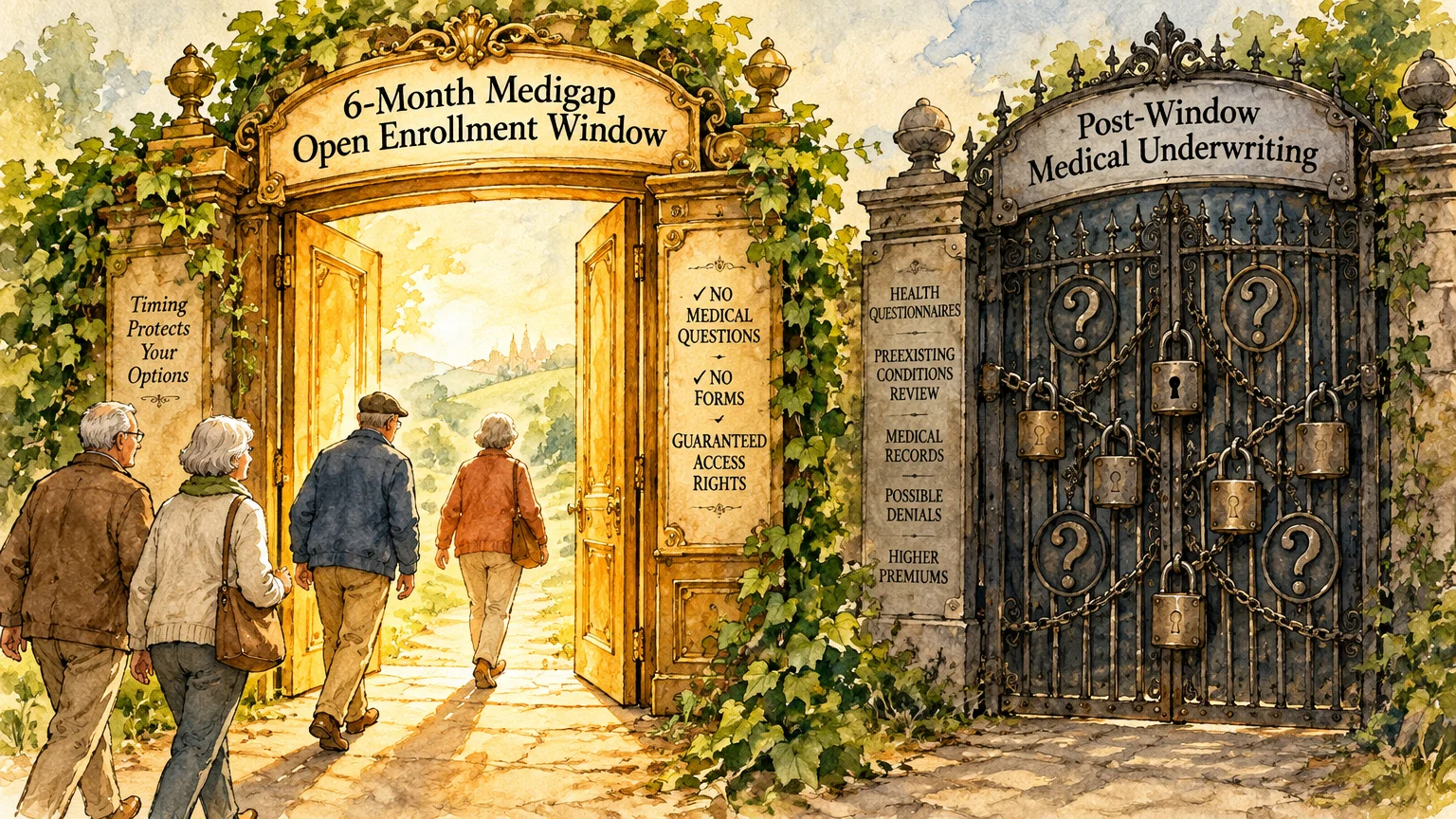 Illustration of seniors walking through a golden open gate next to a dark, padlocked iron gate.