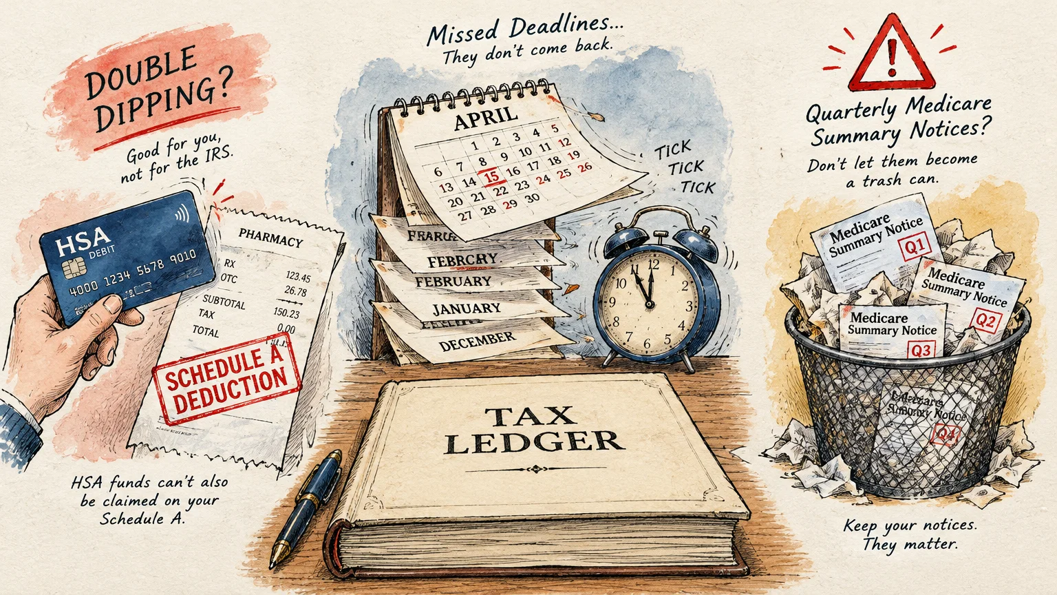 Illustration of tax mistakes including an HSA debit card, calendar with tax deadline, tax ledger, and discarded Medicare notices.