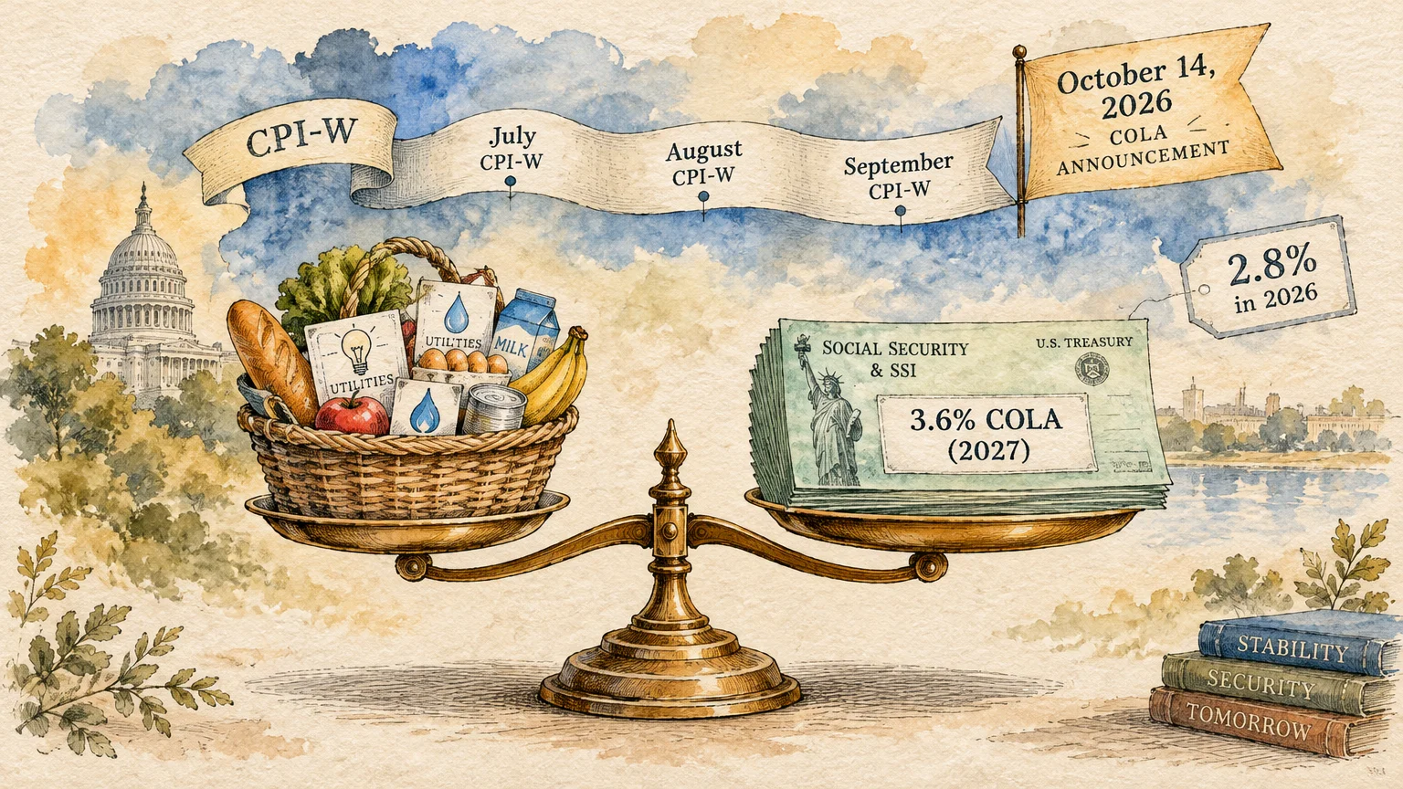 Illustration of a scale balancing a grocery basket with a stack of Social Security checks, below a CPI-W banner.