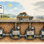 A car drives along a road above underground tanks labeled with various fees that siphon gold coins.