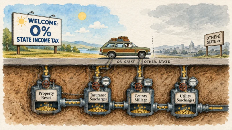A car drives along a road above underground tanks labeled with various fees that siphon gold coins.